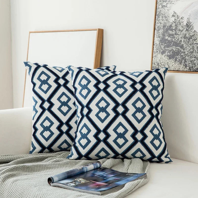 Home Decor Embroidered Cushion Cover Navy Blue/White Geometric Floral Canvas Cotton Suqare Embroidery Pillow Cover 45X45Cm