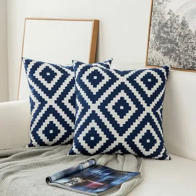 Home Decor Embroidered Cushion Cover Navy Blue/White Geometric Floral Canvas Cotton Suqare Embroidery Pillow Cover 45X45Cm