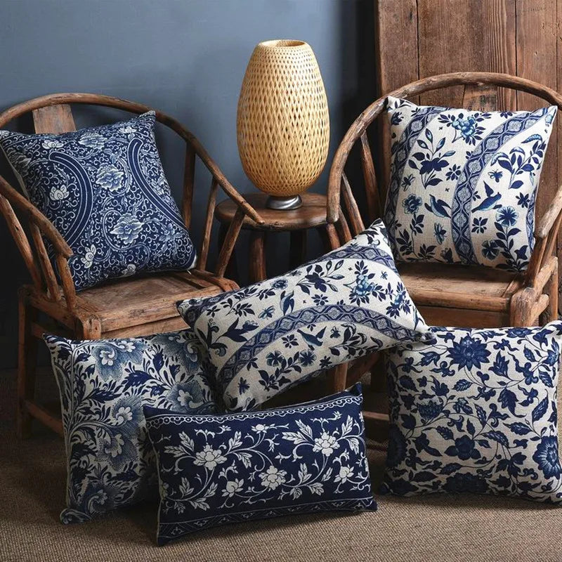 Blue Porcelain Pattern China Flower Decorative Pillow Sham(No Pillow Core Inside)Linen Cotton Sofa Cushion /Car Throw Pillowcase