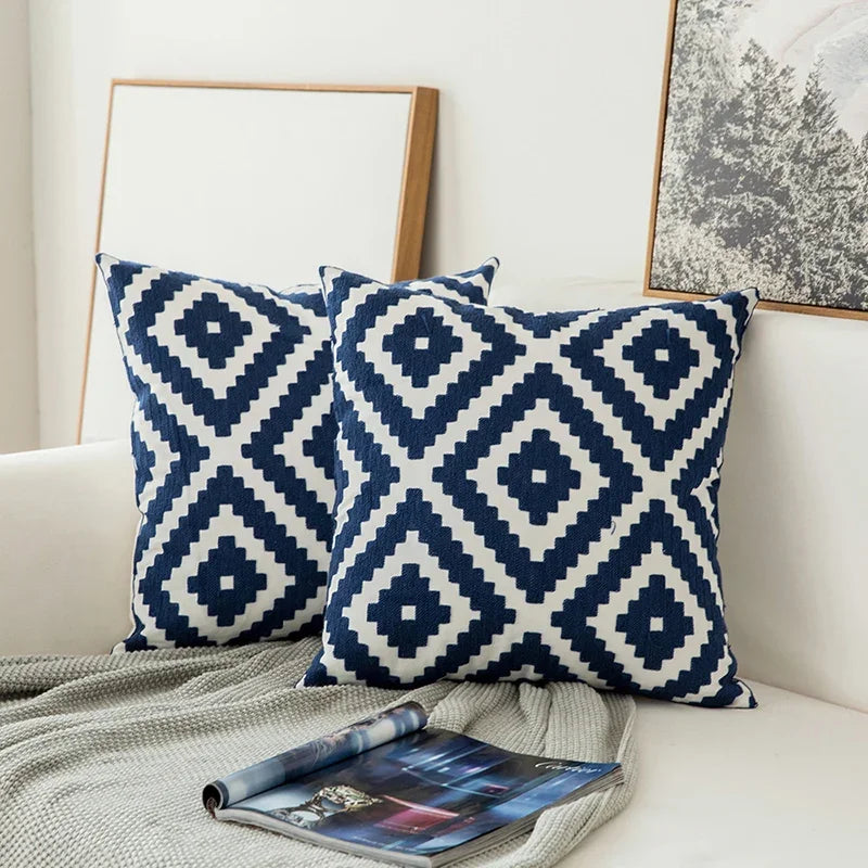 Home Decor Embroidered Cushion Cover Navy Blue/White Geometric Floral Canvas Cotton Suqare Embroidery Pillow Cover 45X45Cm