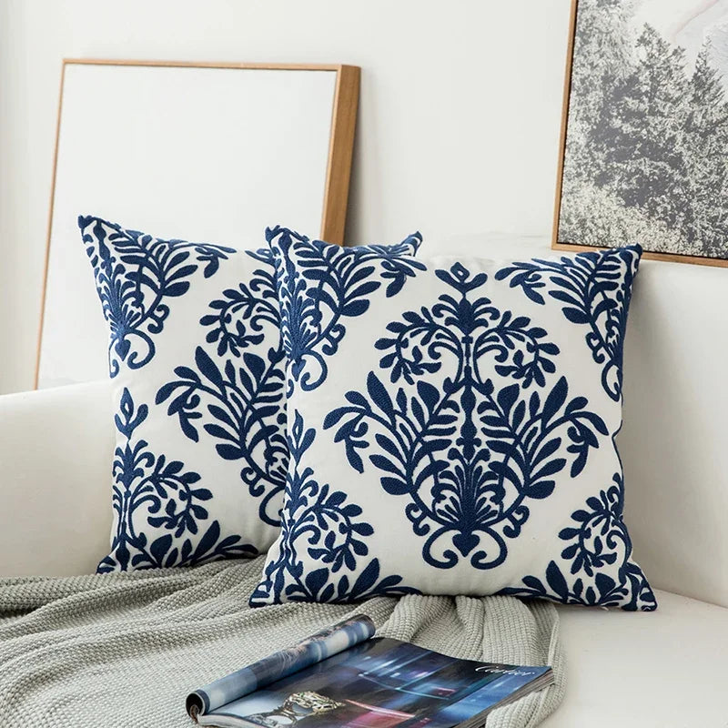 Home Decor Embroidered Cushion Cover Navy Blue/White Geometric Floral Canvas Cotton Suqare Embroidery Pillow Cover 45X45Cm