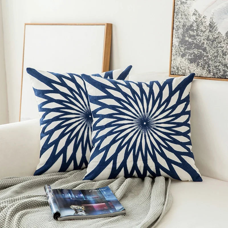 Home Decor Embroidered Cushion Cover Navy Blue/White Geometric Floral Canvas Cotton Suqare Embroidery Pillow Cover 45X45Cm