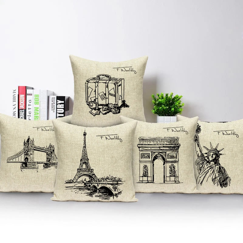 Triumphal Arch Eiffel Tower Pattern Cushion Cover Throw Pillow Cover for Bed Home Decor Square London Bridge Pillowcase