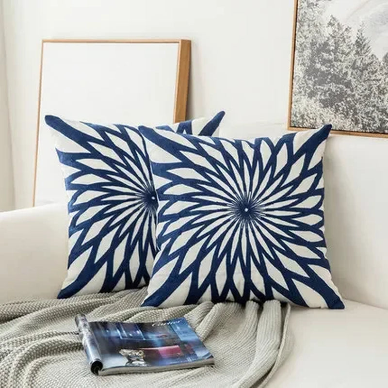Home Decor Embroidered Cushion Cover Navy Blue/White Geometric Floral Canvas Cotton Suqare Embroidery Pillow Cover 45X45Cm