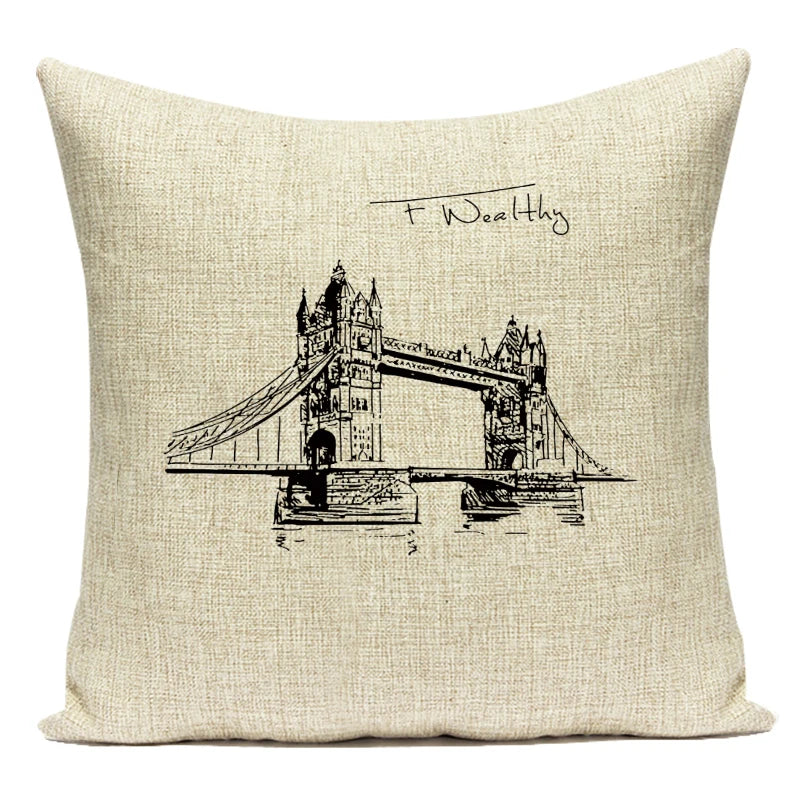 Triumphal Arch Eiffel Tower Pattern Cushion Cover Throw Pillow Cover for Bed Home Decor Square London Bridge Pillowcase